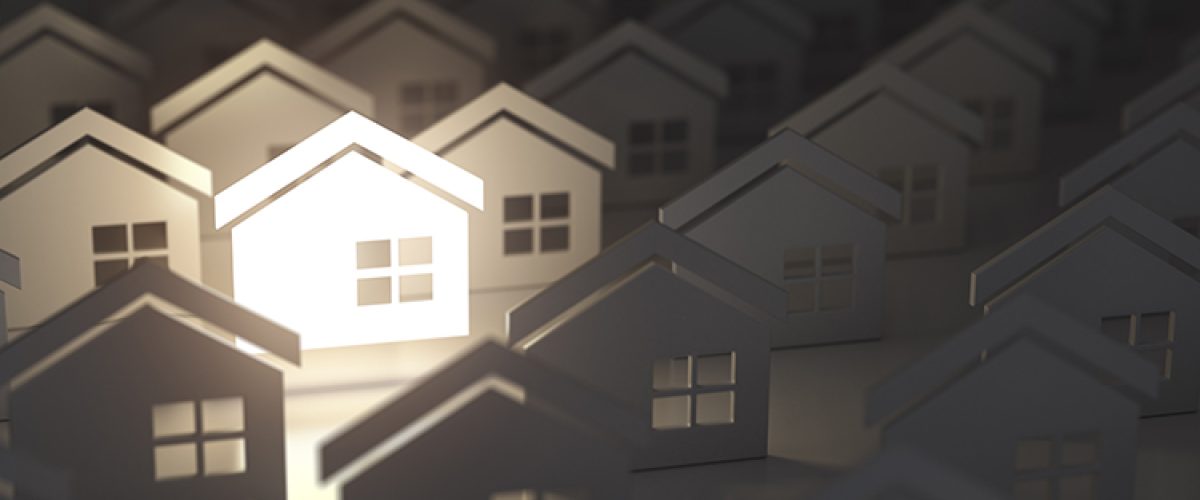 Unique lighting house sign in group of  houses. Real estate property industry concept background. 3d illustration
